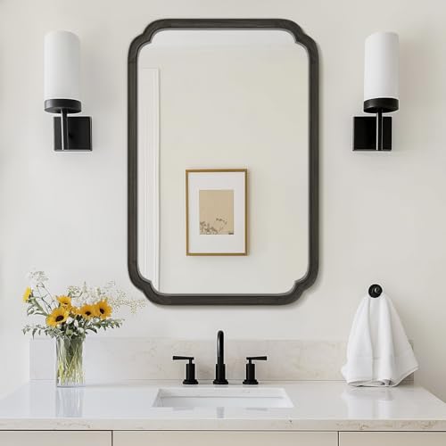 WallBeyond 24" x 36" Rounded Corner Arch Wall Mirror with Wood Frame for Entryway, Living Room or Bedroom Home Decor - Light Woodgrain [24" x 36" Black] - color: Black a, size: 36"L x 24"W