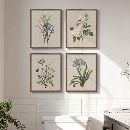 Framed Botanical Wall Art for Bathroom, 4 Piece Vintage Floral Canvas Painting Prints Artwork Farmhouse Wall Decor, Rustic Flower Butterfly Pictures for Bedroom Kitchen Hallway Home Decor, 8x10 Inch - color: Floral - Walnut Framed, size: 8" W x 10" H x 4p