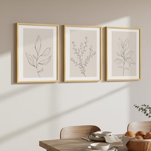 Framed Botanical Line Bedroom Wall Art, 3 Piece Neutral Leaf Print for Room Wall Decor, Minimalist Beige Plant Artwork for Walls, Botanical Picture for Living Room Guest Room Hallway Decor, 12x16 Inch - color: Neutral Beige