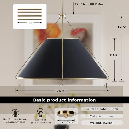 Natural Conical Black Linen Pendant Light for Kitchen Island, 24 Inch Modern Industrial Brass Metal Cage Ceiling Light with Adjustable Design, Elegant Light Fixture for Living Room, Dining Room