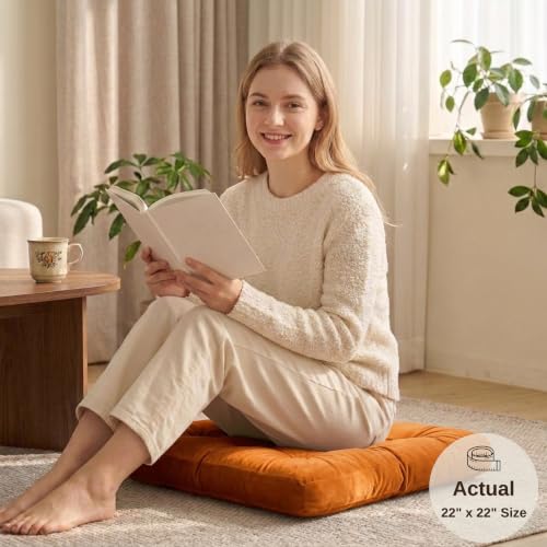 Floor Pillows for Adults Set of 2, Soft Velvet Floor Cushions for Sitting, Square Tufted Floor Pillow Set for Reading Nook, Living Room, Bedroom, 22 x 22 Inch, Orange - color: Orange, size: 2pack