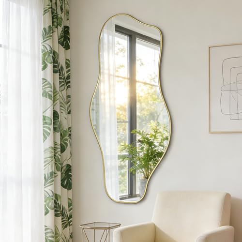 Irregular Wall Mirror, 47.2"x21.6" Gold Asymmetrical Frameless Mirror, Modern Organic Shaped Mirrors for Living Room Bedroom Hallway Entryway, Horizontal or Vertical Hanging - color: Gold, size: 47.2"L x 21.6"W
