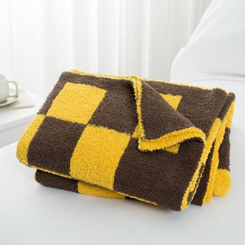 Carriediosa Checkered Throw Blanket 50" X 60", 400GSM Ultra Soft Microfiber Fuzzy Fluffy Reversible Cute Preppy Knitted Blankets Cozy Plush Fall Throws for Couch, Bed, Sofa, Yellow and Brown - color: Check - Yellow and Brown, size: 50" X 60"