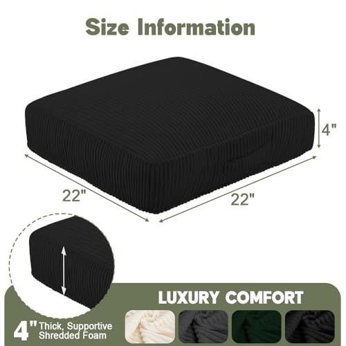 Floor Pillow for Adults Set of 2, 4" Square Floor Cushions with Washable Cover, Large Corduroy Meditation Pillow, 22 inches Tatami Seat with Handle for Living Room or Yoga, Black - color: Black, size: 22x22x4.2 inch