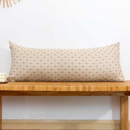 JoraLion Decorative 14x36 Lumbar Pillow Cover, Beige Cross Pattern Woven Textured Cushion Case Polyester Cozy Modern Farmhouse Vintage Pillowcase for Couch Sofa Bed Living Room, ONLY 1 Cover - color: Beige