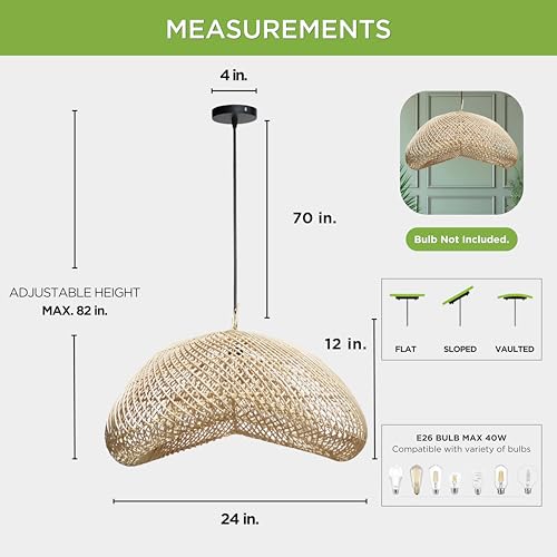 FOREVER BAMBOO Indonesia Handmade Natural Rattan Pendant Light Shade Wicker Light Fixtures Luxurious Bean Shape Woven Lampshade Chandelier Interior Decor, 12 in H x 24 in W - style: Sumba Pod