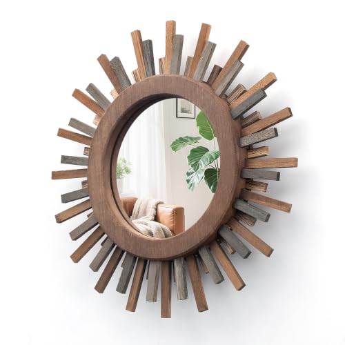12 Inch Boho Sunburst Mirror, Decorative Rustic Farmhouse Wall Decor for Living Room, Bedroom, Bathroom, Hallway - Tricolor Wood Frame - color: Trilcolor, size: 12"L x 12"W