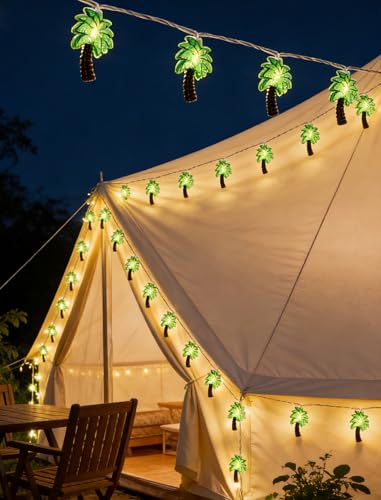 Upgraded 12FT 20 LED Palm Tree String Lights - [Warm Sunset Glow] - IP44 Waterproof Outdoor/Indoor Tropical Decor - Perfect for Tiki Bar, Patio, Beach Wedding & RV Camping - Connectable - color: Green (Leaves) / Warm White (Light)