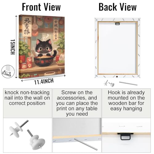 Cute Japanese Cat Eating Ramen Canvas Wall Art, Cat Aesthetic Framed Art Paintings Wall Decor Cats Lover Prints Picture for Living Room Dining Room Kitchen Farmhouse Decor 11.5x15 Inch - color: Multi 1377