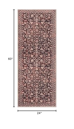 Vintage Washable 2x5 Rug Runner, Burgundy Runners for hallways, Super Soft Kitchen Runner Rug Non Slip, Print Faux Wool Floral Thin Carpet Runner for Entryway Indoor Bedroom - color: Warm Burgundy Brown, size: 2' x 5' (Runner)