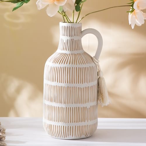 Mowtanco Farmhouse Vase with Handle and Tassel, Grey Yellow Vertical Stripes Design Clay Vase 10'' Tall - Ceramic Flower Vase for Rustic Home Decor, for Fireplace Kitchen Living Room Centerpieces - color: Gray - Long