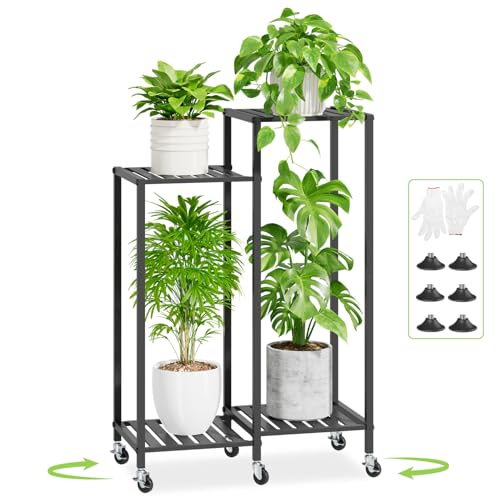iDavosic.ly 4 Tier Plant Stand Indoor with Wheels, Metal Tiered Corner Flower Holder Shelf Outdoor for Large Pots, Tall Rolling Rack for Patio Porch Garden Balcony Living Room, Modern Black - color: Black, size: 4 Tiers