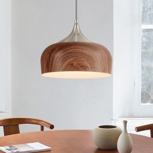 ELYONA Bauhaus Pendant Light Wooden Pattern Dome Pendant Light Fixture Brushed Nickel Metal Modern Adjustable Hanging Lighting for Kitchen Island Dining Room Office Hallway Foyer Bedroom, 12 Inch - color: Brushed Nickel & Wooden