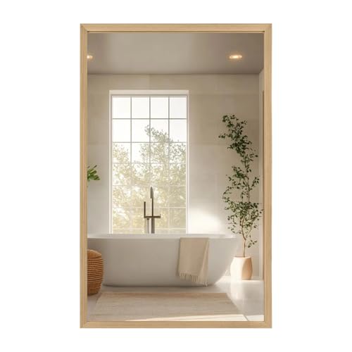 32"x20" Solid Wood Bathroom Mirror, Rustic Wood Frame Wall Mirror for House Decor, Rectangle Farmhouse Bathroom Vanity Mirror Bedroom Living Room Entryway, Explosion-Proof Horizontal/Vertical - color: Solid, size: 32"L x 20"W