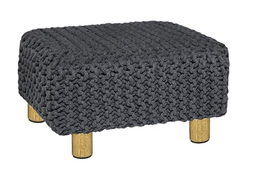 COTTON CRAFT Braided Footrest - Handknitted Dori Foot Stool with Sturdy Wood Legs – Handmade Boho Leg Rest - Small Spaces Under Desk Living Room Entryway Low Footstool Pouf - 16.5x12x9.5 - Grey - color: Cotton - Grey