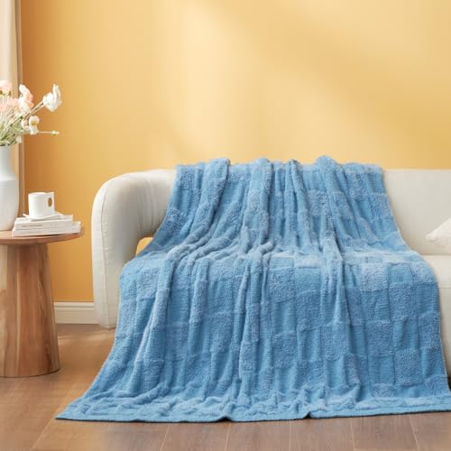 Snuggle Sac Faux Fur Checkered Blanket Twin Size with Soft Knitted Microfiber Fabric,Cozy Soft Warm Blanket for Sofa Bedroom Living Room,Solid Blue,60x80 inches - color: Solid Blue, size: Twin(60"x80")
