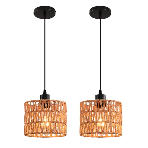 Woven Pendant Light Boho Chandelier, Rattan Pendant Lights Kitchen Island, Farmhouse Pendant Lighting with Hand Woven Wicker Shade, Boho Chandelier Light Fixtures Ceiling Hanging Light - color: 2 Pack Brown