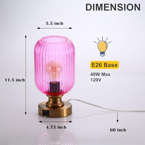 Mid Century Glass Table Lamp,Dimmable Desk Lamp,LED Bulb Included,Touch Control & USB A+C Port,Pink Ribbed Glass - color: Pink Ribbed, size: USB + Touch