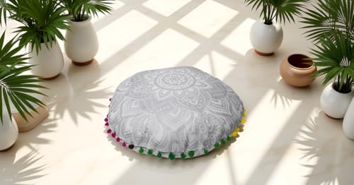 Round Mandala Floor Pillow Cover Seating Cushion Throw Cover Hippie Decorative Bohemian Ottoman Pouf Cover, Pom Pom Pillow Cases,Boho Indian 32 Inches Matellic Silver - color: Metallic Silver, size: 32" Round