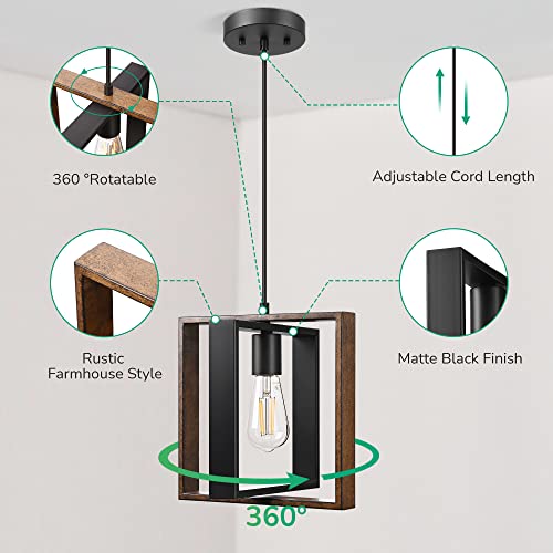 EDISHINE Farmhouse Pendant Light Fixture, Rustic Hanging Light Fixture with Wood Grain and Black Finish, Pendant Lighting for Kitchen Island, Dining Room, Hallway, Adjustable Cord