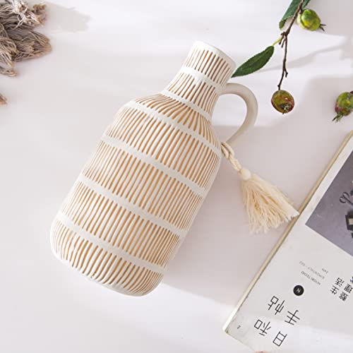 Mowtanco Farmhouse Vase with Handle and Tassel, Grey Yellow Vertical Stripes Design Clay Vase 10'' Tall - Ceramic Flower Vase for Rustic Home Decor, for Fireplace Kitchen Living Room Centerpieces - color: Gray - Long