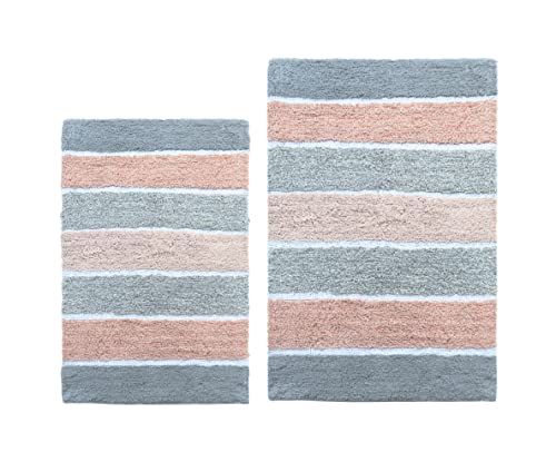 Chardin home Cordural Stripes Bath Mat, Set of 2 Bath Rugs (17 Inches x24 Inches & 21 Inches x34 Inches) | Non Slip Bathroom Rug, Machine Washable, Plush, Highly Absorbent | Grey & Peach/Blush - color: Blush & Grey
