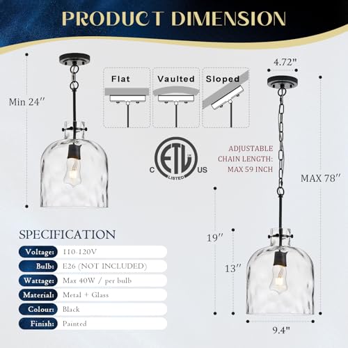 Modern Black Glass Pendant Light – 10-Inch Wide Single Dome Light Fixture, 1-Light E26 Ceiling Hanging Lamp for Kitchen Island, Dining Room, Hallway - color: Black-Medium