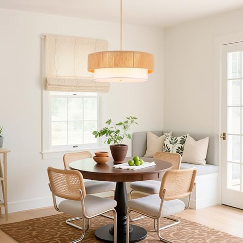 24'' Farmhouse Rattan Chandeliers for Dining Room,3-Light Boho Light Fixtures Rattan Pendant Light Fixture with Fabric Shade Drum Chandeliers for Bedroom Dining Room Foyer Kitchen Hallway - color: Gold, size: 24 inch Drum