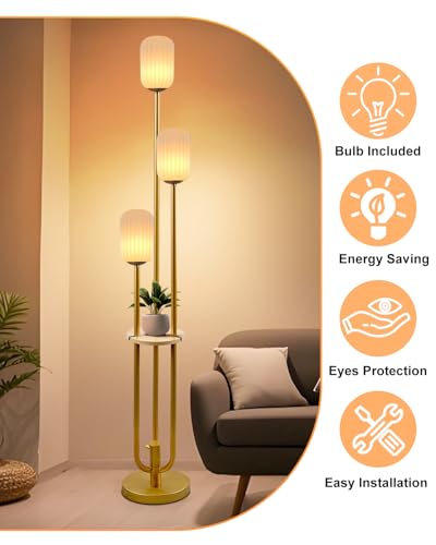 Floor Lamp for Living Room, Dimmable Vintage Floor Lamp with Shelf & LED Bulbs, 3 Light 3000K Soft Warmwhite Mid Century Standing Lamp, Tall Lamps with 5Lbs Heavy Base for Bedroom Office - color: Oval-Gold