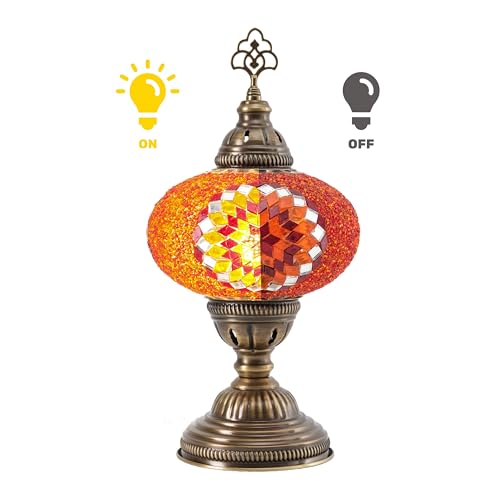 Turkish Lamp, Mosaic Table Lamp, Antique Moroccan Decorative Glass Bohemian Vintage Lamp Shade, Small Desk Tiffany Bedside Stained Glass Lamp with US Plug and E12 Socket - color: Orange Red-6