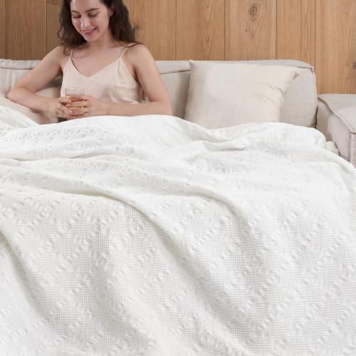 David's Home 100% Cotton Waffle Blanket Queen Size for College Dorm, Lightweight Breathable Cooling Throw for Spring Summer, Snag-Resistant, Aesthetics Home Decor for Couch Sofa Bed, White, 90 * 90 - color: White, size: Queen(90*90")