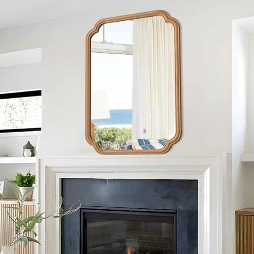 Ferytange Wood Bathroom Mirror for Wall Mounted, 24" x 36" Rustic Bathroom Mirror for Over Sink with Wood Frame Farmhouse Rounded Corner Rectangle Mirror Decorative(Natural Color) - color: Natural Wood, size: 36"L x 24"W