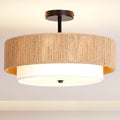 Bohemian Semi Flush Mount Ceiling Light - 18 Inch Handmade Hemp Rope Shade (Fabric Lining), Farmhouse Pendant, E26 Base, Max 60W (Bulbs Excluded), for Dining, Living, Bedroom, Kitchen - color: 18'' Hemp rope&Fabric Gold