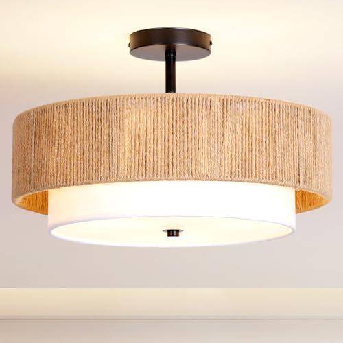 Bohemian Semi Flush Mount Ceiling Light - 18 Inch Handmade Hemp Rope Shade (Fabric Lining), Farmhouse Pendant, E26 Base, Max 60W (Bulbs Excluded), for Dining, Living, Bedroom, Kitchen - color: 18'' Hemp rope&Fabric Gold