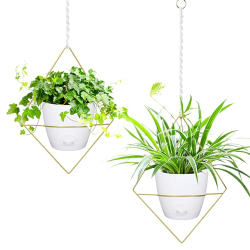 Hanging Planters for Indoor Plants, 2 Set Self Watering Hanging Flower Pots, Modern Hanging Plant Baskets with Metal Plant Holder & 6.5 Inch Plastic Pots for Garden Home Decor (Gold Frame White Pot) - color: Gold Frame White Pot