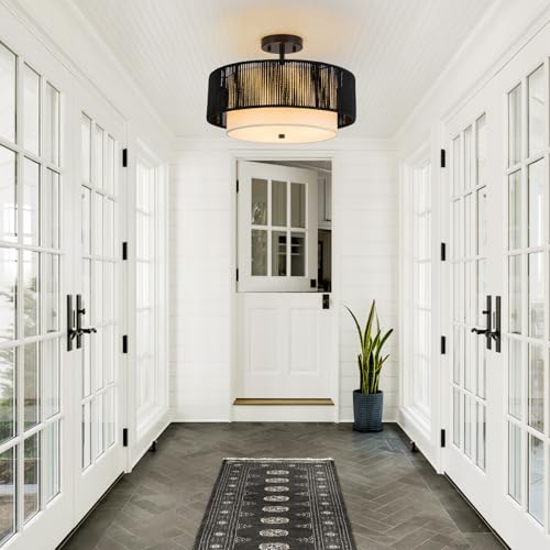 SineRise 16'' Rattan Flush Mount Ceiling Light Fixture,2-Tier Drum Hand-Woven Boho Flush Mount Ceiling Light,Farmhouse Light Fixture for Living Room,Kitchen,Bedroom Foyer Entryway ect.（Black） - color: Black, size: Large Ceiling