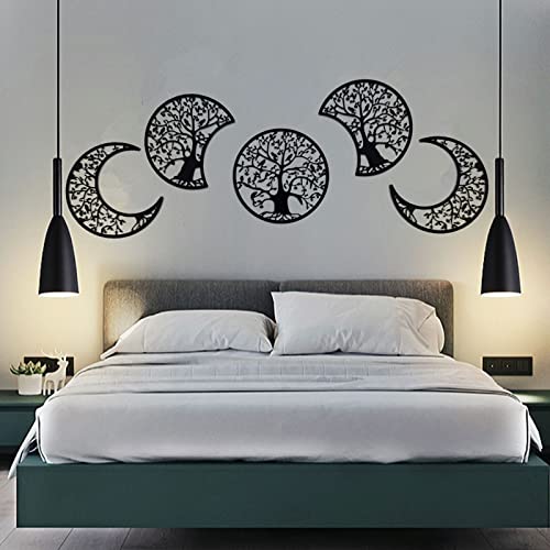 ASMANNA 5 Pcs Tree of Life Wall Art Moon Phase Wall Decor Wooden Moon Phase Wall Hanging Mandala Moon Decor Bohemian Lunar Aesthetic Art for Bedroom Living Room Dorm Apartment Office(black) - color: 2Black