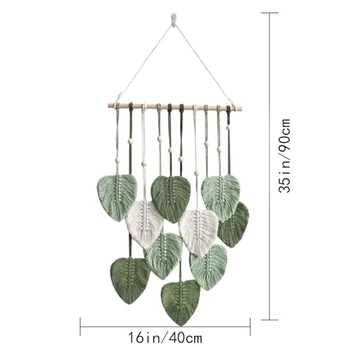 LB Macrame Wall Hanging Decor, Boho Chic Feather Wall Decor Macrame Photo Wall Hanging Handmade Yarn Woven Wall Art Green Leaf Tapestry for Bedroom Living Room Nursery Office Backdrop, 16x35 Inch - color: Green