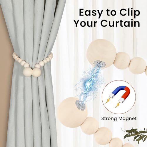 KLOGTSIND Magnetic Curtain Tiebacks, Curtain Holdbacks for Curtains 2 Pack, Wood Bead Curtain Holders for Boho Bedroom Decor, Baby Nursery Decor, Farmhouse Decor - color: Wood Color