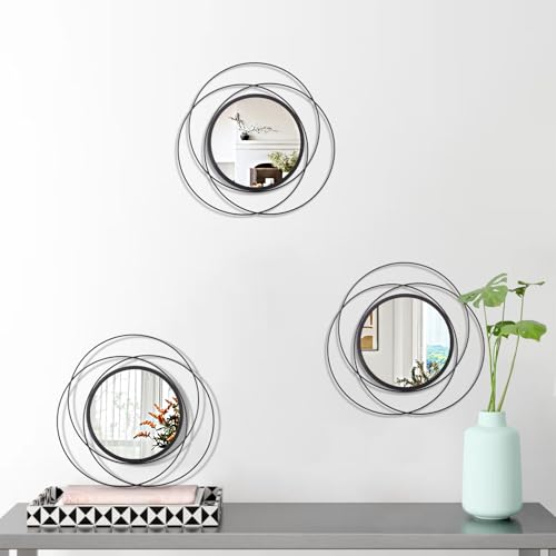 Black 3 Pcs Decorative Wall Mirror Circle Modern Mirror Round Art Ring Metal Mirrors Wall Decor Wall Mounted Mirror for Living Room Bedroom Dining Room Hallway Entryway 12" - color: Round-black, size: 3 Set 12"L x 12"W