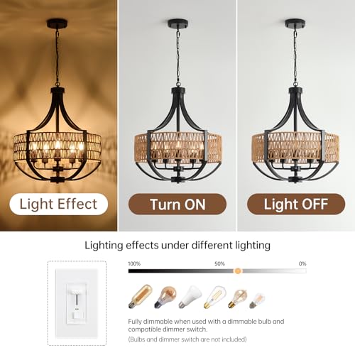 20" Rattan Farmhouse Chandelier Light Fixtures,5-Light Rustic Rattan Pendant Lighting with Woven Wicker Shade Boho Black Hanging Ceiling Light for Dining Room Living Room Kitchen Island Bedroom - color: V-Weave Round Rattan, size: 5 light 20 inches