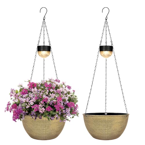 BAYN 2 Packs Solar Hanging Basket Planters for Plants Outdoor, Self Watering Copper Flower Plants Pots with Solar Light Drainer for Balcony Patio Garden Outdoor Decoration - color: Copper