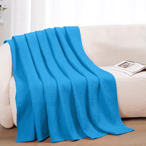 100% Cotton Blankets for Bed - Waffle Weave Blankets for Summer, Lightweight and Breathable Soft Woven Blanket for Spring (Aqua, Twin (60" x 90")) - color: Aqua, size: Twin (60" x 90")