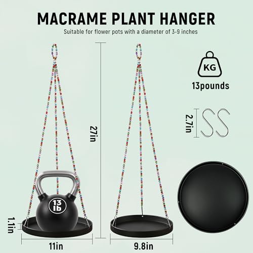 2-Pack Modern Boho Macrame Plant Hanger, 10/11 Inch Metal Hanging Planter Holder for Indoor and Outdoor Home Garden Decor, Black Hanging Plant Shelf for Window, Wall, and Ceiling. (American, 10/11) - style: American