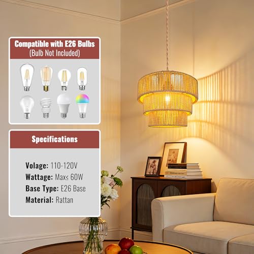 Hanging Light Ceiling Lamp Pendant Lights Rattan Hanging Lamp with Plug in Cord for Living Room Bedroom Kitchen Indoor Hanging Lamp Plug in Woven Lampshade - size: 12.5 Inch-Lantern Shade