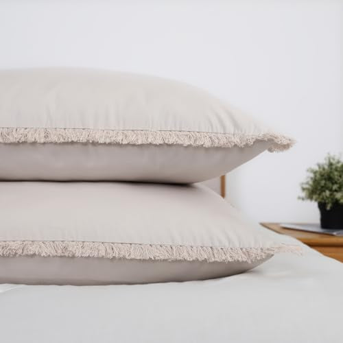 Linen Euro Sham Covers Tassel Natural Beige European Sham 26x26 Set of 2 Cotton Taupe Camel Oatmeal Light Brown Greige Boho Farmhouse Fringed Euro Pillowcases Decorative Pillow Covers Large Square - color: Linen, size: 26" x 26" (Pack of 2)