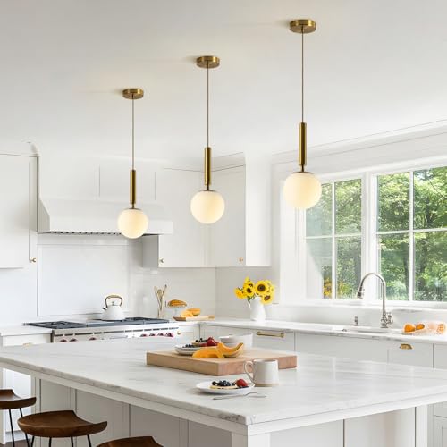 BOKT Mid Century Modern Gold Globe Pendant Light Milk White Opal Glass Pendant Light 1 Light Farmhouse Brushed Brass Mini Hanging Pendant Lights Kitchen Island for Bathroom Bedroom Hallway (Gold) - color: Gold