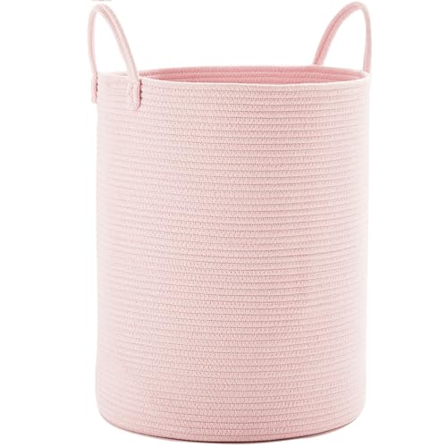 Large Pink Laundry Basket 15x20 Inches, 60L Woven Rope Hamper for Baby Girls and Kids, Tall Nursery Storage Bin, Kawaii Bedroom Laundry Hamper - color: Pink1, size: Large (60L)