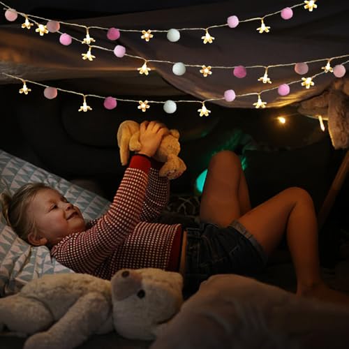 9.85Ft Fairy Lights 20 Cute Pink Pompoms 20 LEDs Cherry Blossom String Garland Battey Operated with Timer Flower Lights for Bedroom Kids Room Party Birthday Wedding Valentines Decoration - style: Pink-Cherry Blossom