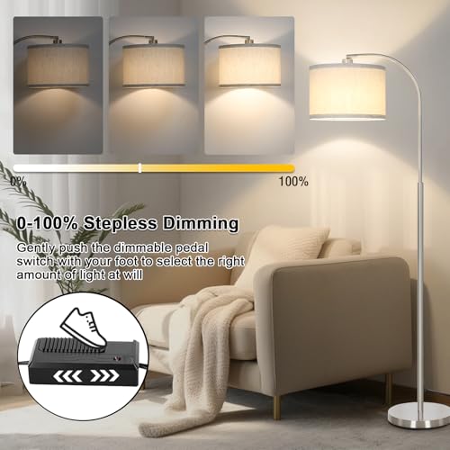 Arc Floor Lamp, Dimmable Floor Lamp for Living Room, Standing Lamp with Adjustable Drum Shade, Tall Pole Lamp for Bedroom Study Room Office, 9W 3000K LED Bulb Included - color: Silver